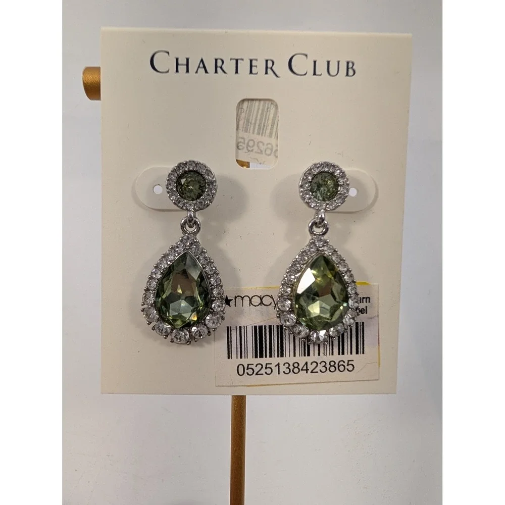 Lot o f 2 Charter Club Crystal Teardrop Drop Earrings Amber & Green -‎ NEW